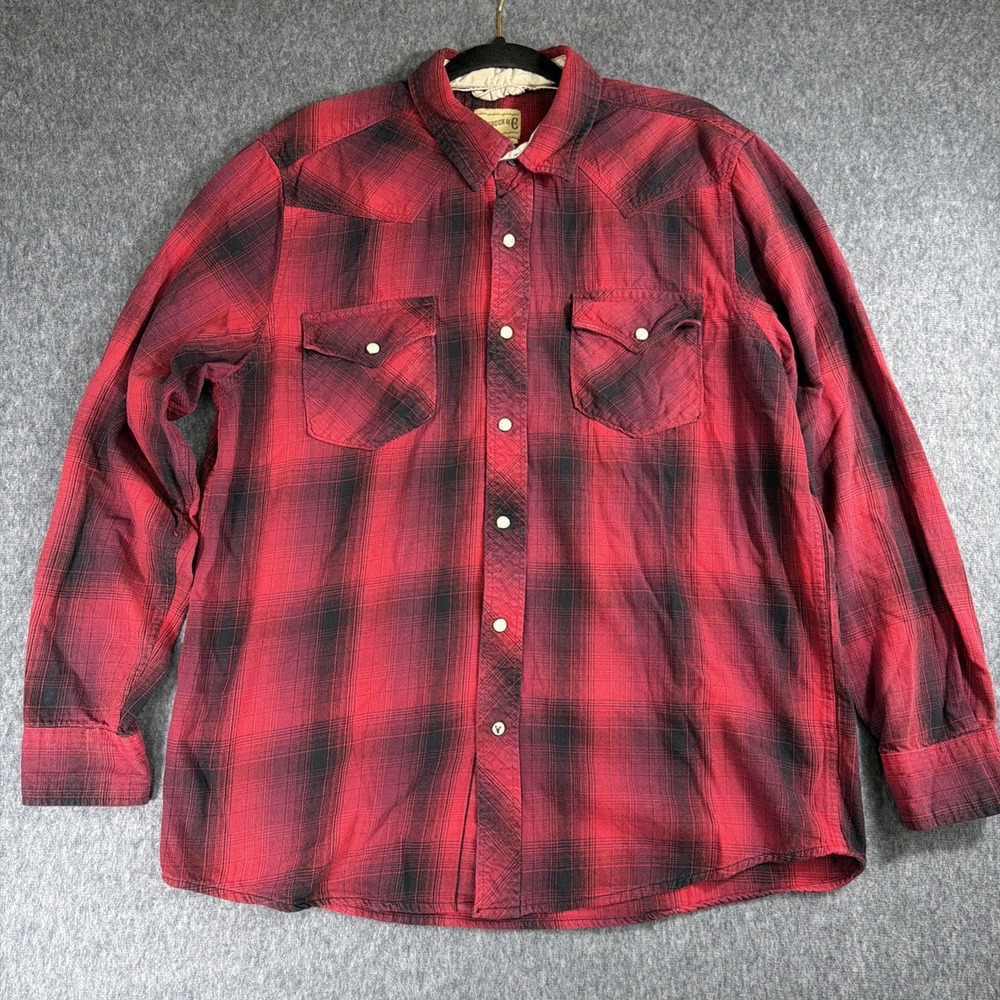 Roebuck & Co. Flannel Shirt Mens Size L Red & Black Buffalo Plaid Pearl Snap